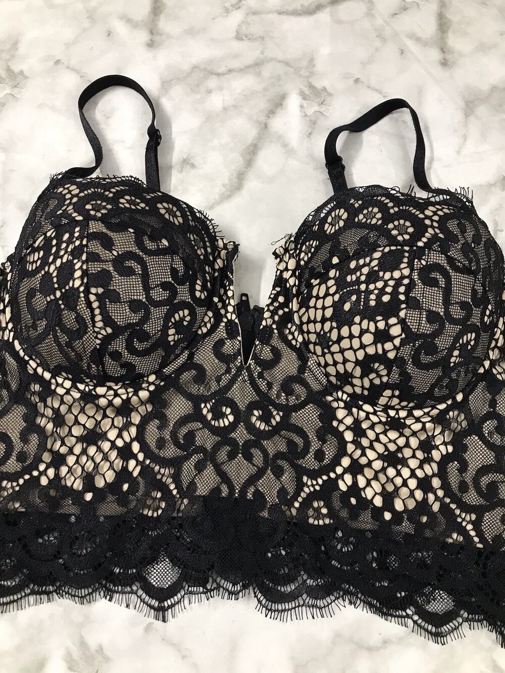Forever 21 Black & Beige Sexy Line Bra Padded Lingerie Bra Top Bustier Sz Med